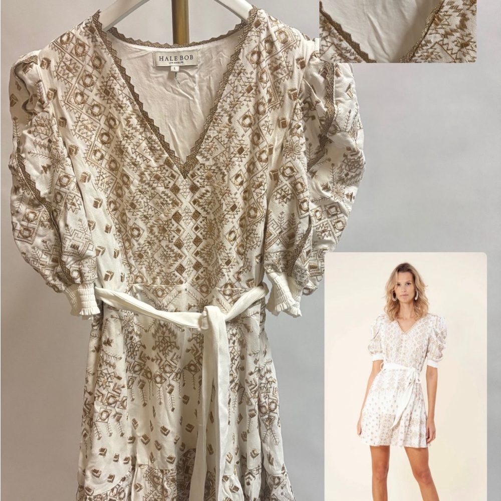 Hale Bob Cream Ruffled Smocked Mini Dress